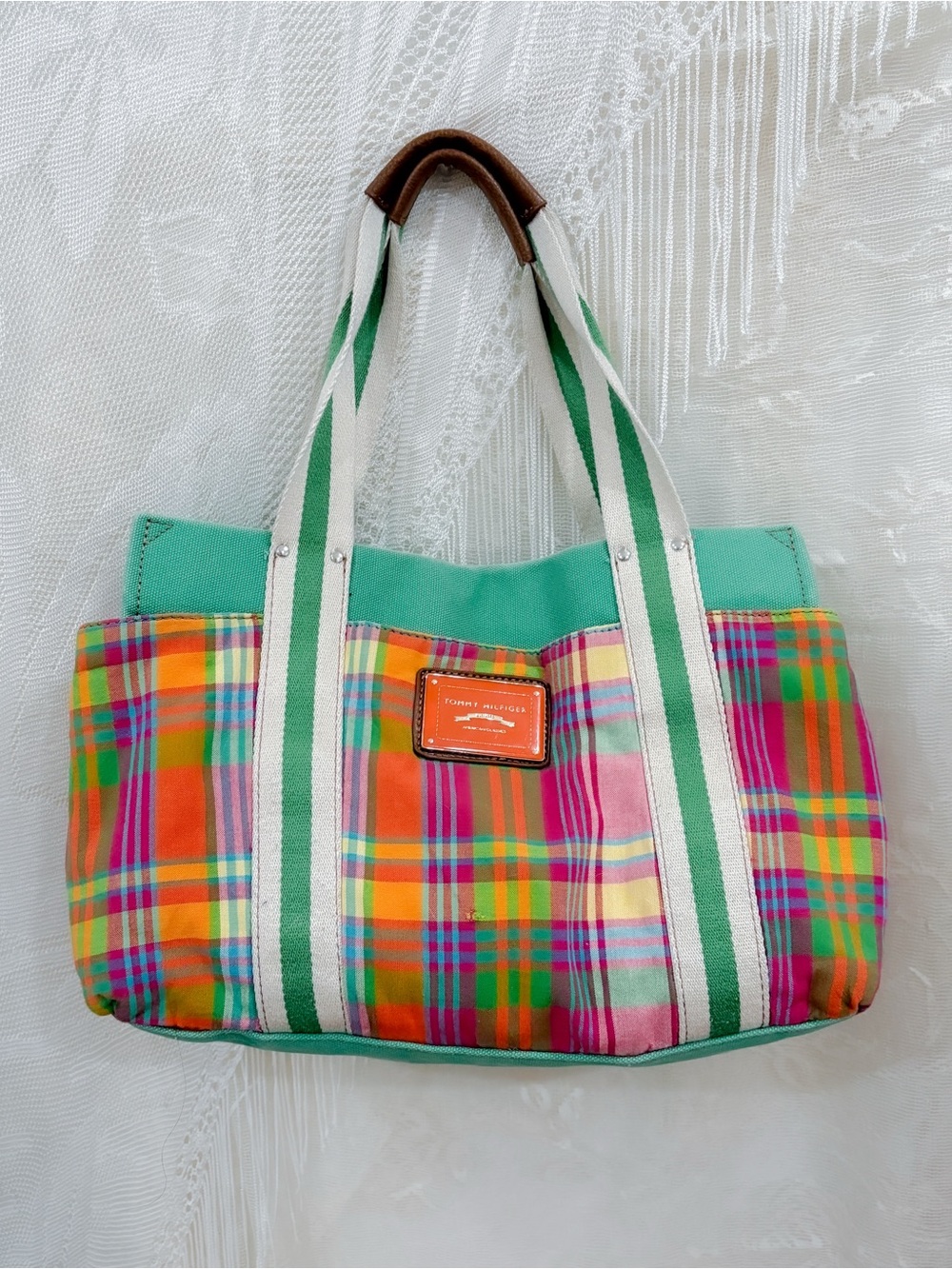 Preppy coastal summer girly 2010s multicolor madras plaid button clasp tote bag